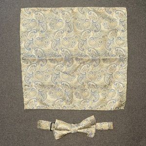 Gold and blue (EUC) paisley bowtie and pocket square for boys. One size.